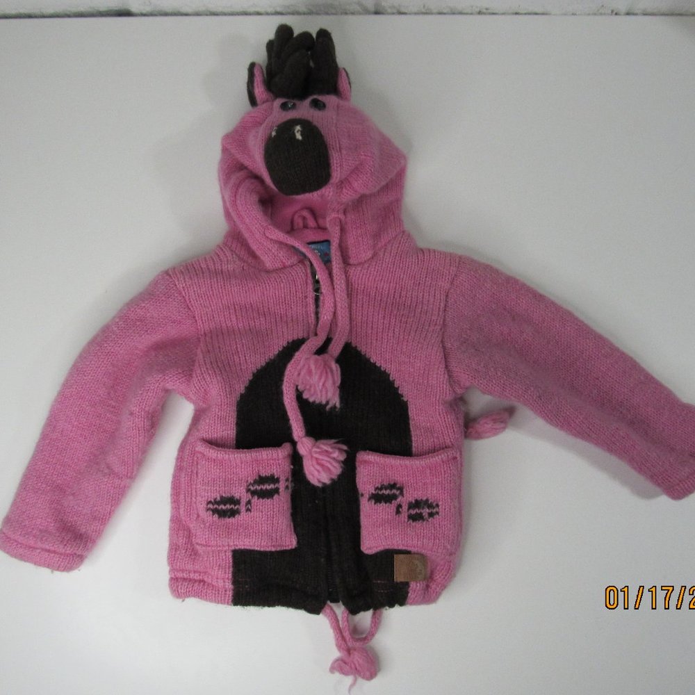 Northern Lifestyles Canada Hand Knitted 100% Wool Moose Kids Zip Up Jacket M